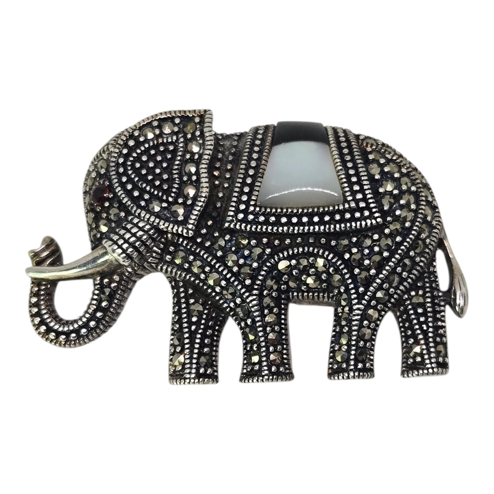 Marcasite Sterling Silver Elephant Pendant/ Brooch with Black and White Accents